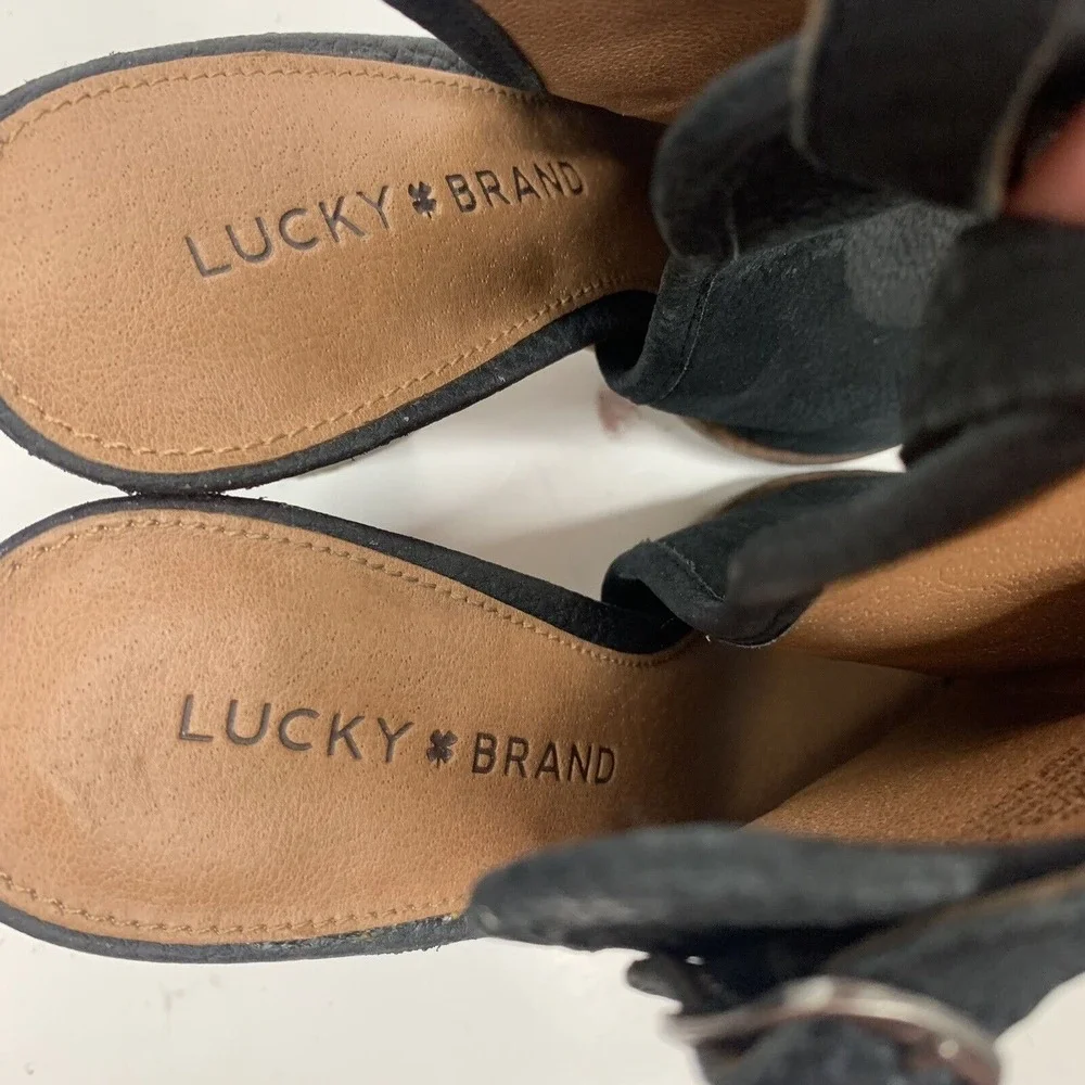 Lucky Brand 5.5 Lisza Bootie Peep Toe Slingback Stacked Block Heel Black Leather
